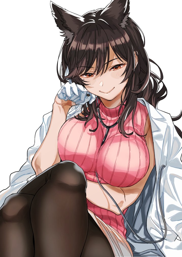 1girl animal_ears arm_across_waist atago_(azur_lane) azur_lane bangs between_breasts black_hair black_legwear blush breasts brown_eyes brown_skirt closed_mouth coat extra_ears eyebrows_visible_through_hair gloves half_gloves large_breasts legs_crossed long_hair looking_at_viewer mole mole_under_eye open_clothes open_coat pantyhose pink_sweater ribbed_sweater sidelocks simple_background sitting skirt sleeveless_sweater smile solo stethoscope sweater swept_bangs turtleneck turtleneck_sweater umiyama very_long_hair wavy_hair white_background white_coat white_gloves
