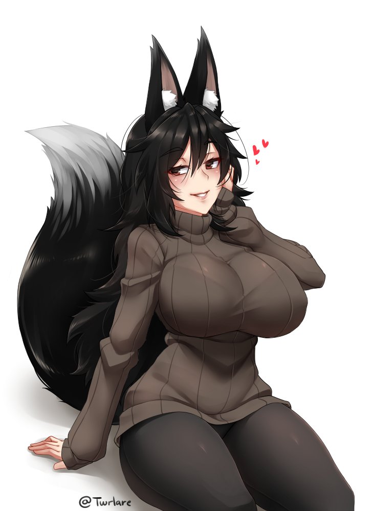1girl animal_ear_fluff animal_ears artist_name black_hair black_pants breasts brown_eyes commentary english_commentary eyebrows_visible_through_hair fox_ears fox_tail hair_between_eyes hand_on_own_cheek heart huge_breasts impossible_clothes impossible_sweater long_hair long_sleeves looking_at_viewer original pants parted_lips ribbed_sweater simple_background sitting sleeves_past_wrists smile solo sweater tail turtleneck turtleneck_sweater twitter_username twrlare white_background