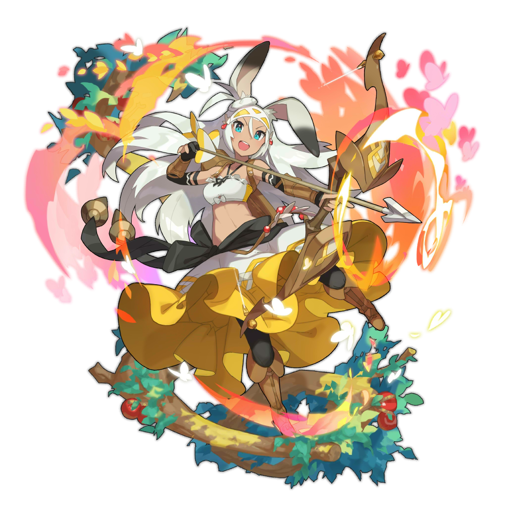 1girl animal_ears apple arrow artist_request blue_eyes boots bow bug butterfly dragalia_lost food fruit full_body gauntlets insect long_hair looking_at_viewer midriff non-web_source official_art open_mouth quiver rabbit_ears sarisse_(dragalia_lost) skirt skirt_lift smile white_hair