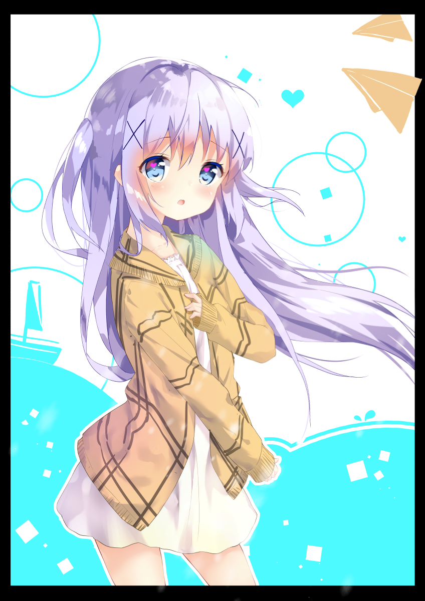 1girl :o bangs blue_eyes blush brown_jacket commentary dress eyebrows_visible_through_hair gochuumon_wa_usagi_desu_ka? hair_between_eyes hair_ornament heart heart_in_eye highres jacket kafuu_chino long_hair long_sleeves looking_at_viewer open_clothes open_jacket parted_lips purple_hair shiraki_shiori sleeves_past_wrists solo symbol_in_eye two_side_up very_long_hair white_dress x_hair_ornament