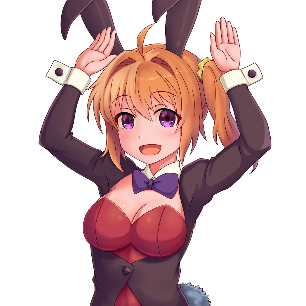 1girl animal_ears black_jacket blazer bow bowtie bunny_girl bunny_pose bunny_tail bunnysuit detached_collar jacket leotard looking_at_viewer open_mouth orange_hair paolo_espana purple_neckwear rabbit_ears red_leotard release_the_spyce side_ponytail simple_background solo strapless strapless_leotard tail upper_body violet_eyes white_background wrist_cuffs yachiyo_mei