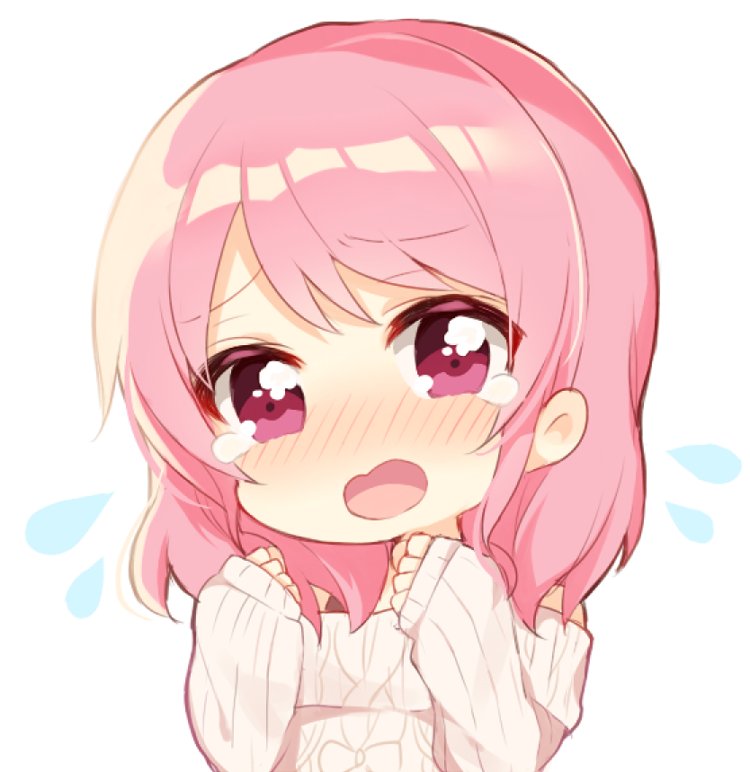 1girl bang_dream! bangs chibi clenched_hands flying_teardrops hair_down hands_up long_hair long_sleeves looking_at_viewer maruyama_aya nameneko_(124) open_mouth pink_eyes pink_hair simple_background sleeves_past_wrists solo sweater tears upper_body white_background white_sweater