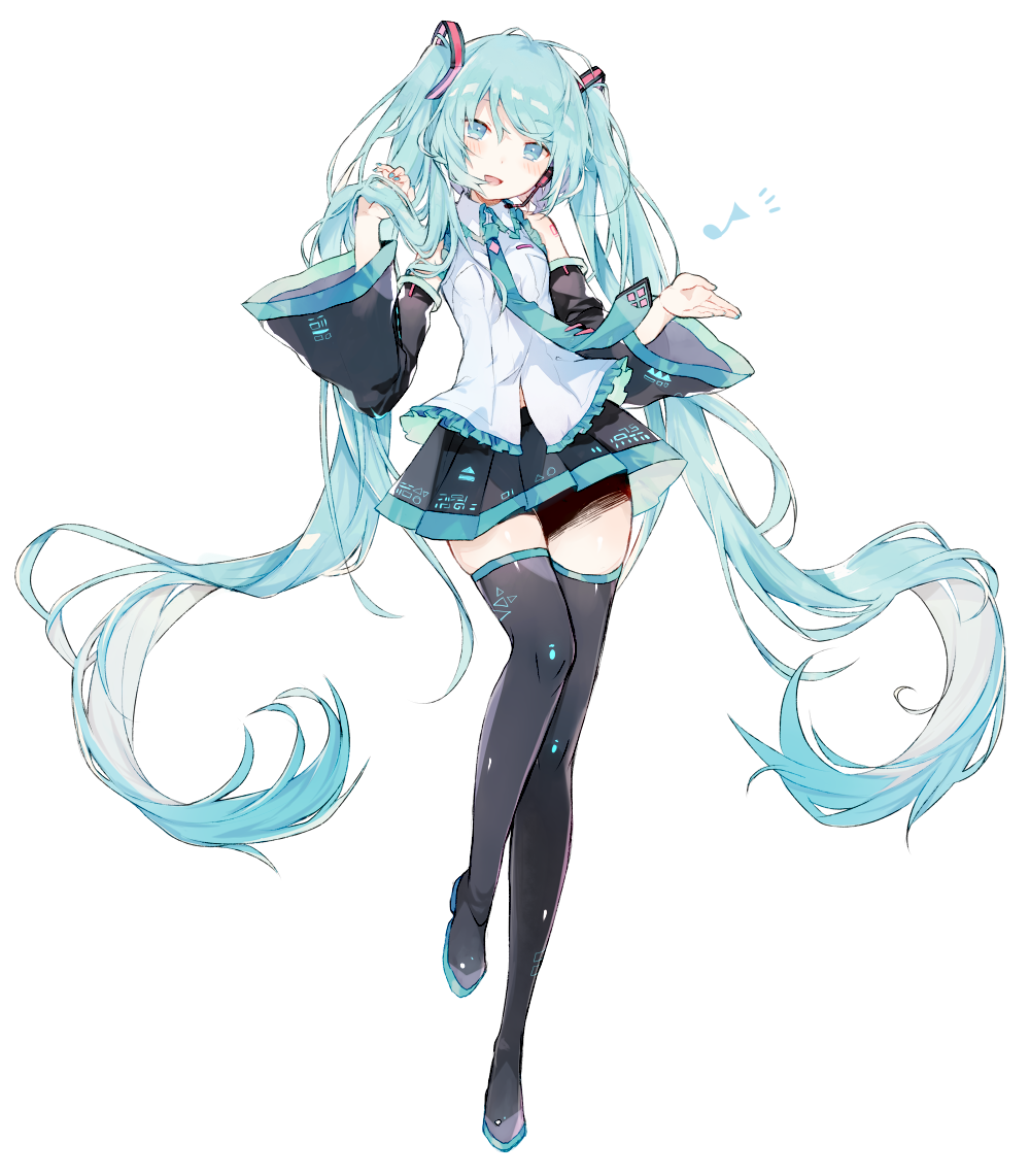 1girl :d aqua_eyes aqua_hair bare_shoulders black_footwear black_legwear black_skirt black_sleeves blush boots collared_shirt detached_sleeves eighth_note floating_hair full_body green_nails green_neckwear hair_ornament hands_up hatsune_miku head_tilt long_hair long_sleeves looking_at_viewer musical_note nail_polish necktie nuudoru open_mouth pleated_skirt shirt simple_background skirt sleeveless sleeveless_shirt smile solo standing standing_on_one_leg thigh-highs thigh_boots tie_clip twintails very_long_hair vocaloid white_background white_shirt wide_sleeves