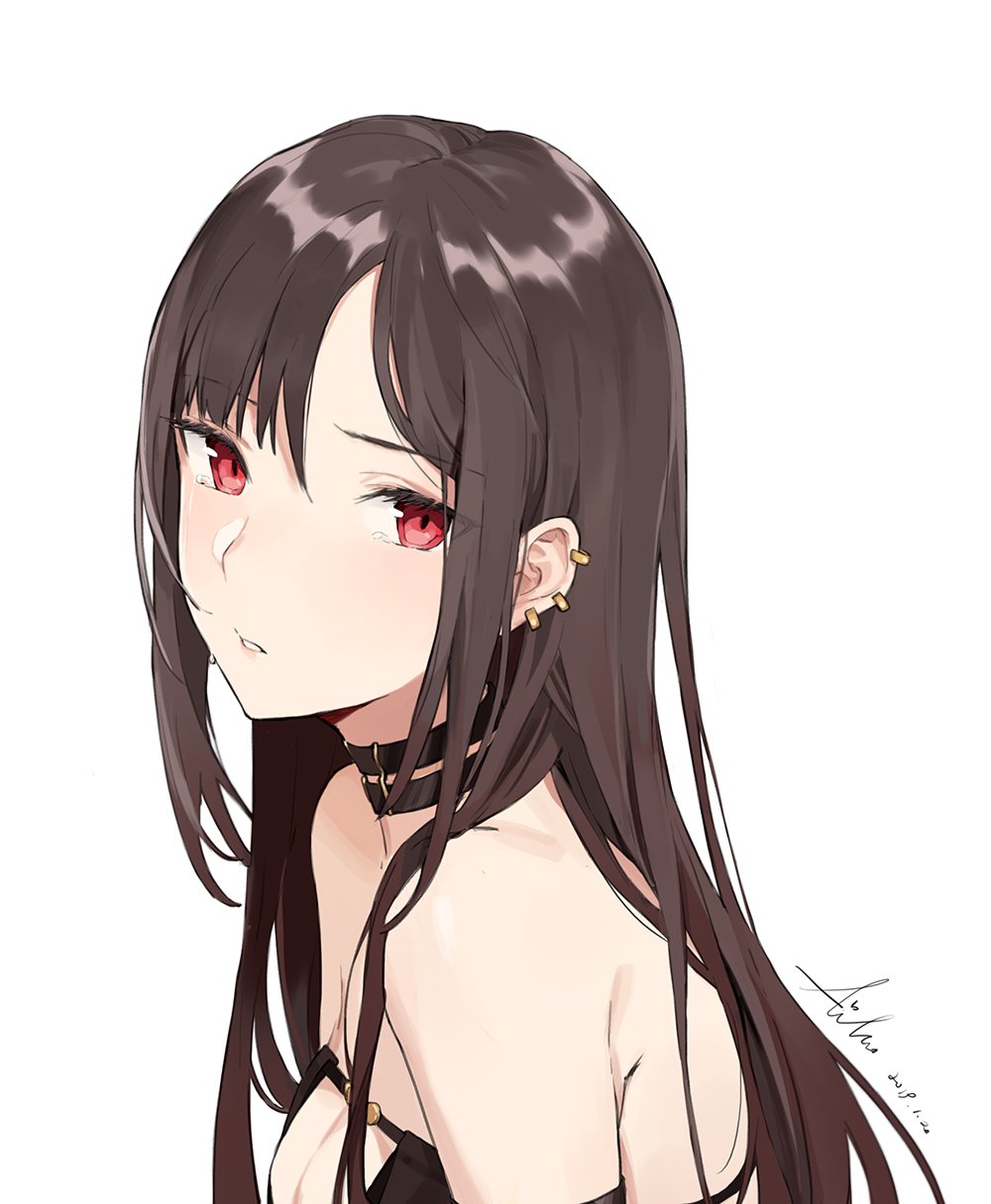 1girl aiko_(kanl) bangs bare_shoulders black_dress breasts brown_hair center_opening choker cleavage consort_yu_(fate) dress earrings face fate/grand_order fate_(series) highres jewelry large_breasts long_hair looking_at_viewer parted_lips portrait red_eyes solo strapless strapless_dress tears