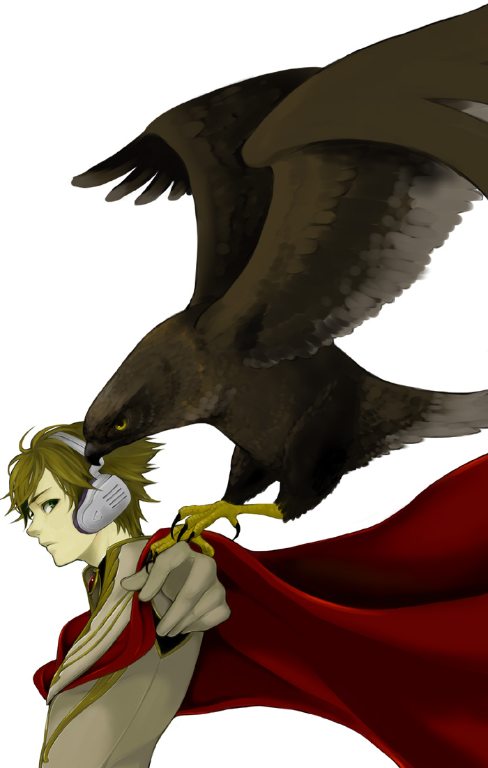 bird_on_shoulder blonde_hair cape eagle earphones gloves green_eyes headphones jomy_marquis_shin short_hair toward_the_terra