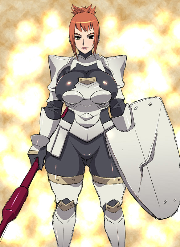 armor ass breasts brown_hair curvy druaga_no_tou green_eyes huge_breasts lipstick love_bulge polearm shield short_hair spear sword tetrodotoxin thick_thighs weapon