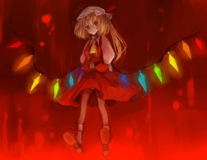 blonde_hair eiko_(pixiv) flandre_scarlet floating hat hat_ribbon long_hair navel ponytail red red_eyes ribbon ribbons shoes short_hair short_sleeves side_ponytail skirt touhou wings