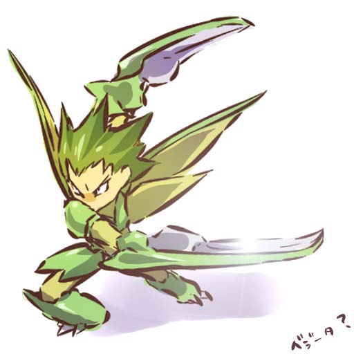 armor claws costume hitec male moemon nintendo personification pokemon pokemon_(game) pokemon_rgby scythe scyther simple_background solo spiked_hair spiky_hair white_background wings