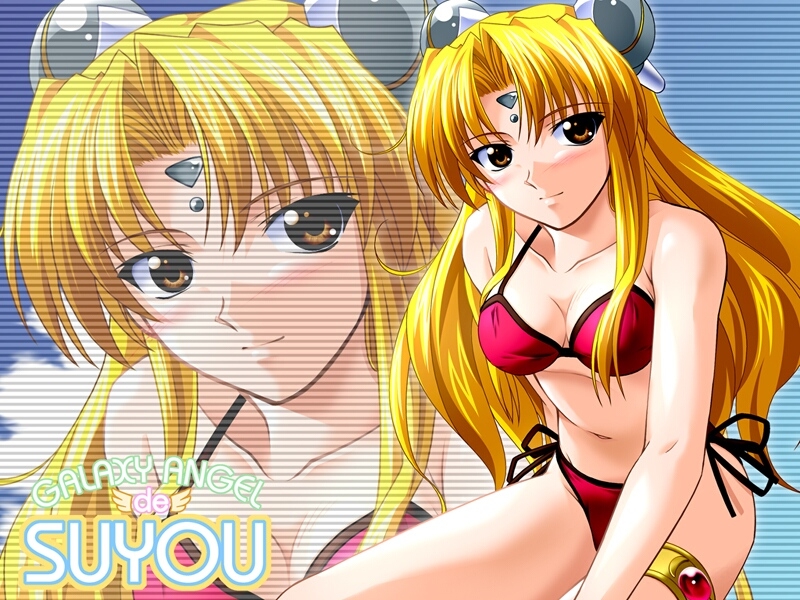 blonde_hair breasts brown_eyes cleavage facial_mark forehead_mark galaxy_angel long_hair ranpha_franboise swimsuit