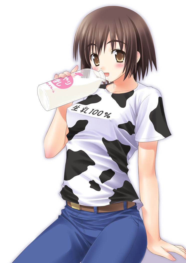 bob_cut brown_eyes brown_hair cow_print drinking goma_satoshi milk short_hair yotsubato!