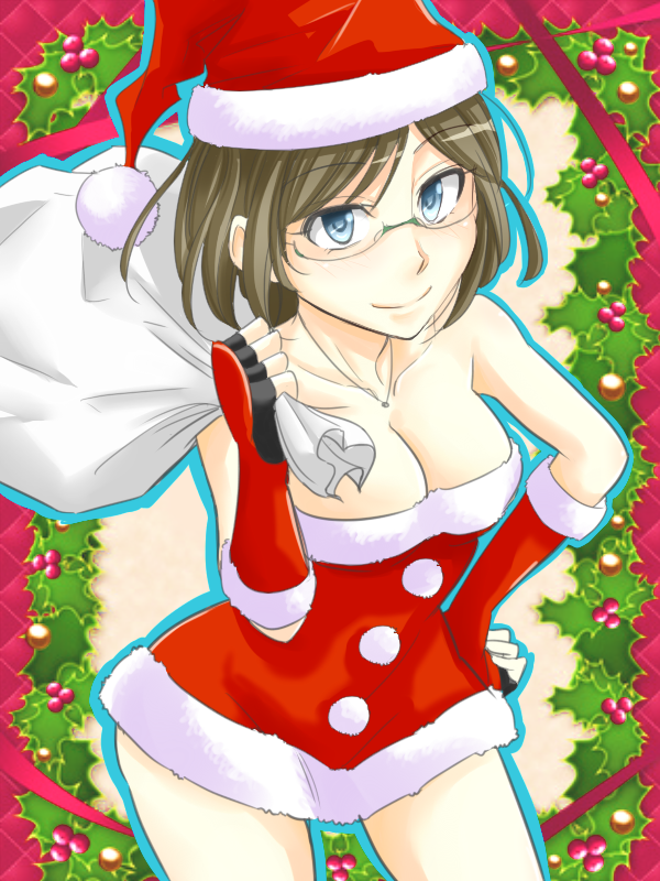 1girl alternate_costume blue_eyes breasts brown_hair cleavage fingerless_gloves glasses gloves hand_on_hip hat jewelry kachirou kantai_collection kirishima_(kantai_collection) looking_at_viewer necklace personification santa_costume santa_hat smile solo