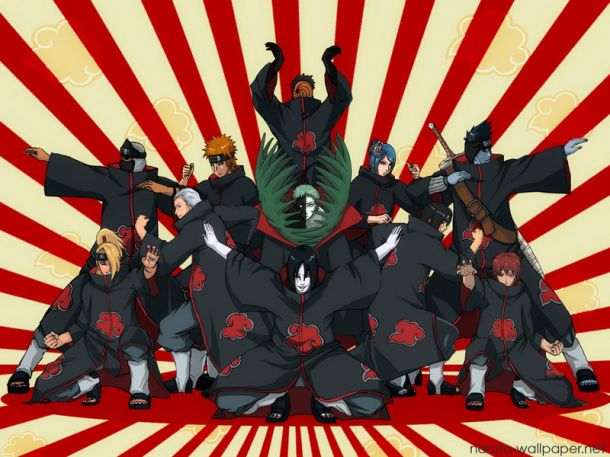 10boys 6+boys akatsuki_(naruto) black_hair blonde_hair blue_hair blue_skin cloak deidara everyone female flower girl gloves green_hair hair_ornament hidan hoshigaki_kisame kakuzu konan long_hair male mask nail_polish naruto orange_hair orochimaru pale_skin pein ponytail red_hair sandals sasori short_hair spiky_hair striped_background tobi uchiha_itachi white_hair zetsu