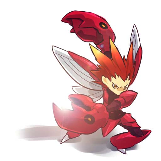 claws costume hitec moemon multicolored_hair nintendo orange_hair personification pokemon pokemon_(game) pokemon_gsc red_hair redhead scizor simple_background solo spiked_hair spikes spiky_hair two-tone_hair white_background wings yellow_eyes