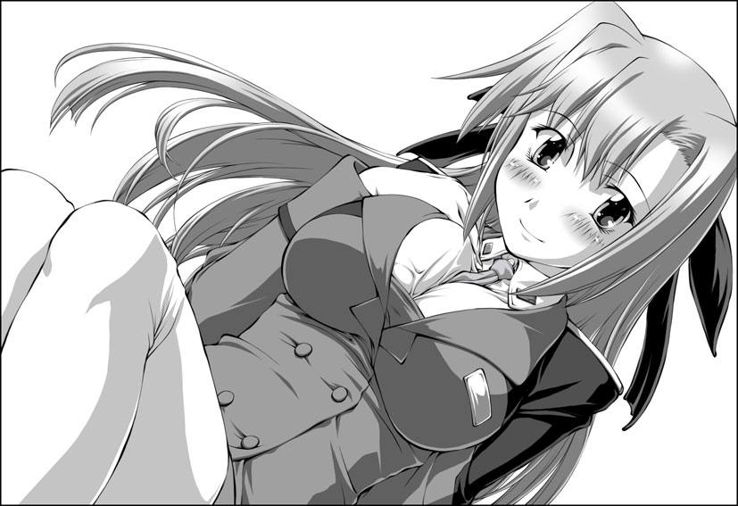 bow breasts ginga_nakajima hair_bow jon_shicchiou jyon_shicchiou large_breasts long_hair mahou_shoujo_lyrical_nanoha mahou_shoujo_lyrical_nanoha_strikers monochrome