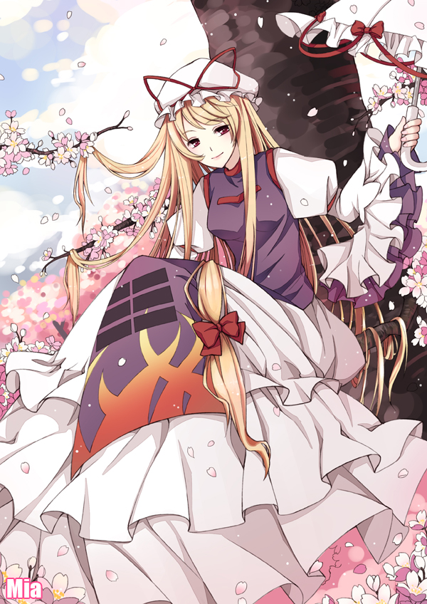 bad_id blonde_hair bow cherry_blossoms flower hair_bow hat hat_ribbon in_tree light_smile long_hair mia0309 miya0309 petals red_eyes ribbon sitting sitting_in_tree solo touhou tree umbrella very_long_hair yakumo_yukari