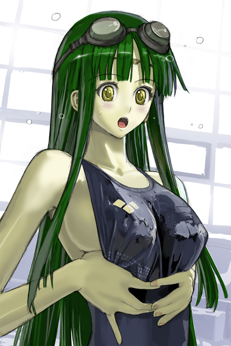 breasts competition_swimsuit goggles green_eyes green_hair highres long_hair nagisa_ouka nakaba_reimei one-piece_swimsuit ouka_nagisa sideboob super_robot_wars super_robot_wars_original_generation swimsuit wet yellow_eyes