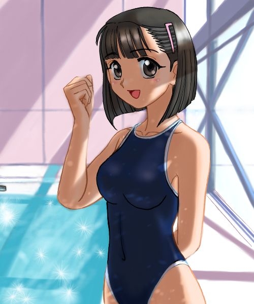 brown_hair jpeg_artifacts one-piece_swimsuit pool poolside school_swimsuit short_hair swimsuit