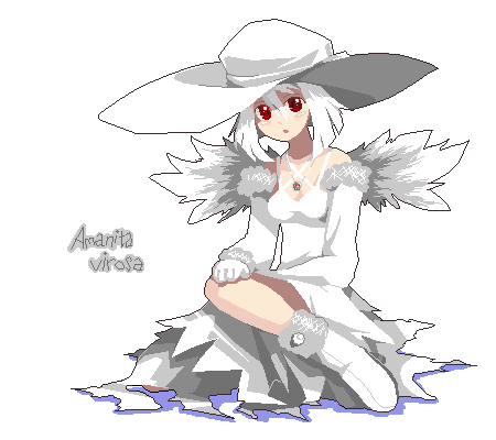 amanita_virosa bare_shoulders blush boots dress gloves hat jewelry lowres mushroom necklace original oso oso_(toolate) personification pixel_art red_eyes short_hair skull solo transparent_background white_hair wings