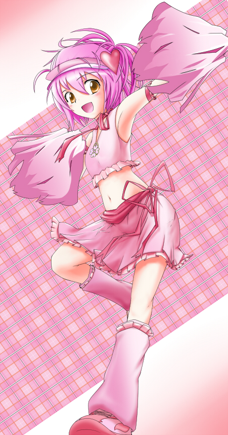 amulet_heart cheerleader hinamori_amu loose_socks magical_girl midriff nama_(namaiki) navel pink pink_background pink_hair ribbon ribbons shugo_chara! skirt socks solo visor visor_cap yellow_eyes