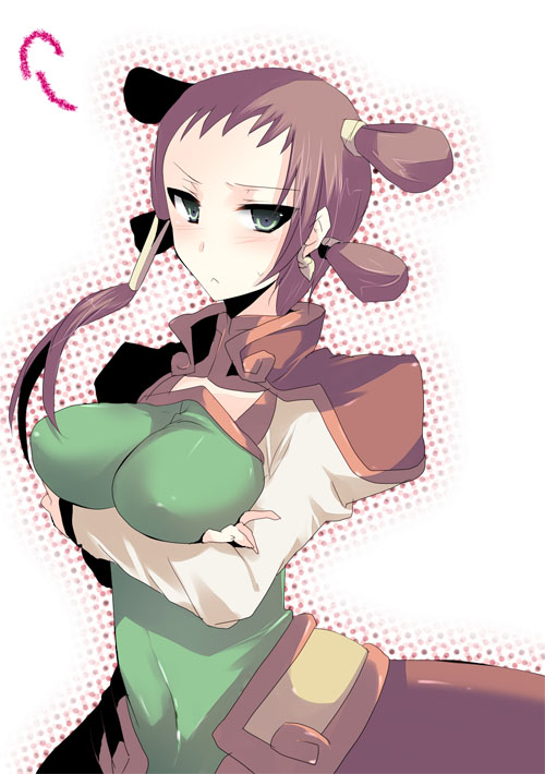 breast_hold breast_rest breasts brown_hair code_geass crossed_arms dress erect_nipples green_eyes kurohara_yuu large_breasts quad_tails solo zhou_xianglin