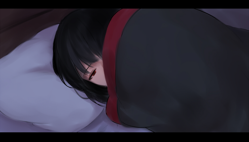 1girl bangs bed black_hair eyebrows_visible_through_hair half-closed_eye letterboxed looking_at_viewer original pillow red_eyes shimmer solo under_covers waking_up