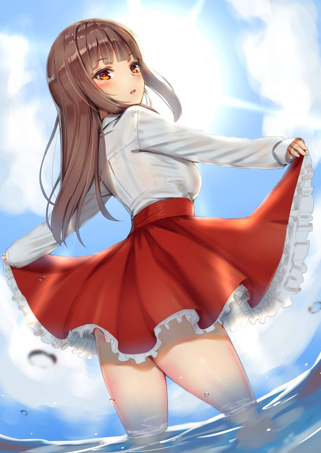 1girl :o bangs black_bra blue_sky blurry blush bra breasts brown_hair clouds day eyebrows_visible_through_hair fisheye frilled_skirt frills from_behind high-waist_skirt highres long_hair long_sleeves looking_at_viewer looking_back medium_breasts miniskirt orange_eyes original outdoors outstretched_arms parted_lips red_skirt reinama see-through shirt shirt_tucked_in sidelocks skirt skirt_hold sky sleeves_past_wrists solo standing thighs underwear wading water white_shirt