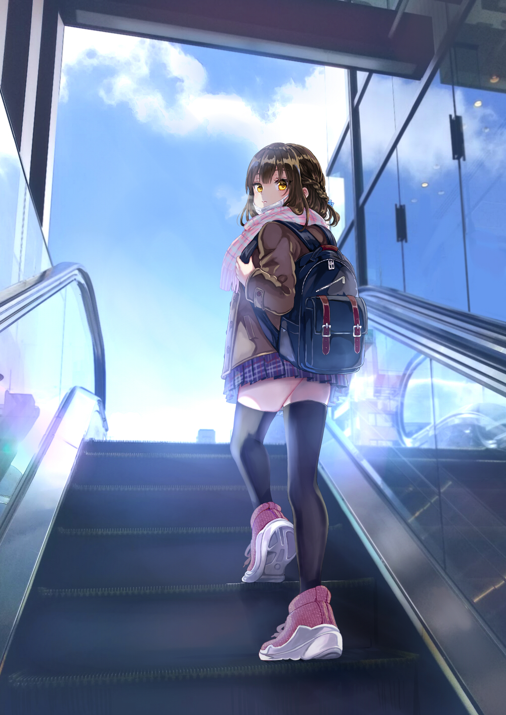 1girl backlighting backpack bag bangs black_legwear blue_sky boots braid breath brown_coat brown_eyes brown_hair brown_jacket brown_skirt closed_mouth clouds cloudy_sky coat commentary_request day enpera escalator eyebrows_visible_through_hair french_braid fringe_trim highres jacket long_hair long_sleeves looking_at_viewer looking_back miniskirt original outdoors pink_footwear pink_scarf pisuke plaid plaid_scarf plaid_skirt pleated_skirt purple_skirt scarf school_uniform shoes sidelocks single_braid skirt sky sleeves_past_wrists sneakers solo thigh-highs walking yellow_eyes zettai_ryouiki