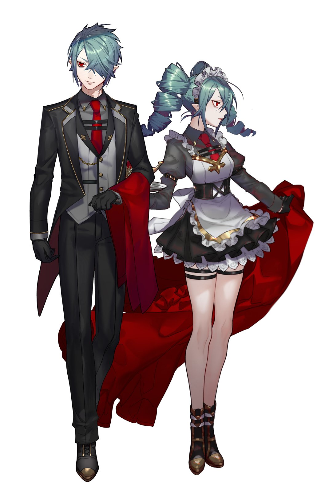 1boy 1girl aqua_hair arm_belt belt black_footwear black_gloves chains closed_mouth drill_hair gloves highres holding holding_plate loalo maid maid_dress maid_headdress necktie original plate pointy_ears red_eyes red_neckwear short_hair simple_background standing teapot thigh_strap white_background