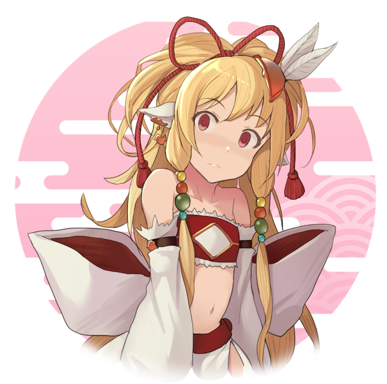 1girl animal_ears bandeau bangs bare_shoulders beads blonde_hair blush closed_mouth collarbone detached_sleeves empty_eyes eyebrows_visible_through_hair feathers granblue_fantasy hair_beads hair_feathers hair_ornament harvin hinami_(hinatamizu) long_hair looking_at_viewer mahira_(granblue_fantasy) navel red_eyes solo upper_body very_long_hair