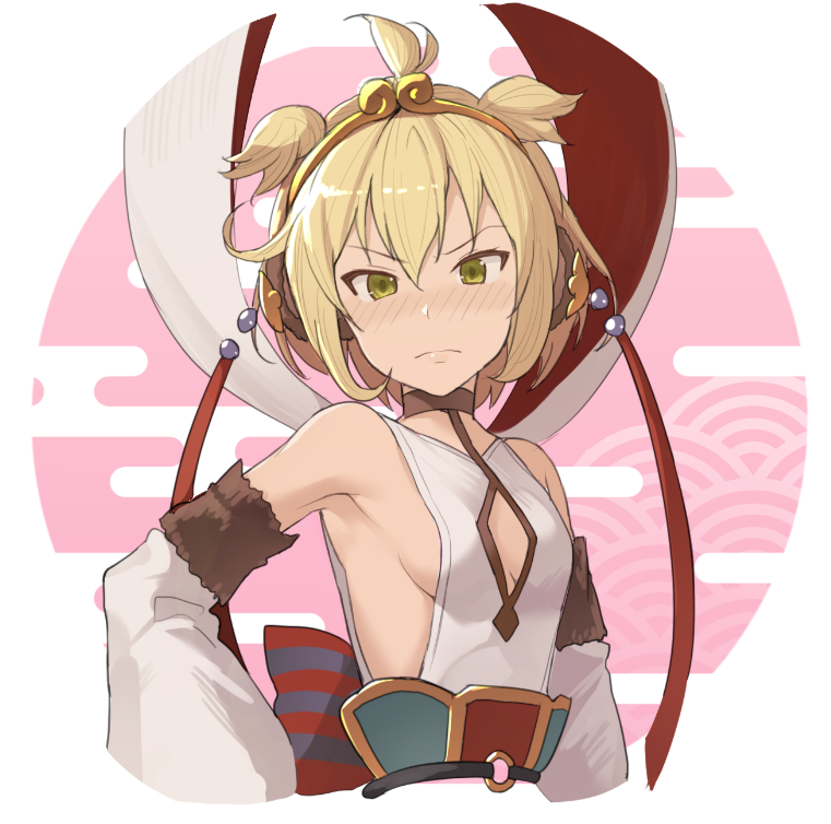 1girl ahoge andira_(granblue_fantasy) animal_ears armpits bangs bare_shoulders blonde_hair blush breasts brown_choker choker cleavage_cutout closed_mouth detached_sleeves erune fur-trimmed_sleeves fur_trim granblue_fantasy green_eyes hair_between_eyes hairband hinami_(hinatamizu) looking_at_viewer monkey_ears short_hair sideboob small_breasts solo upper_body