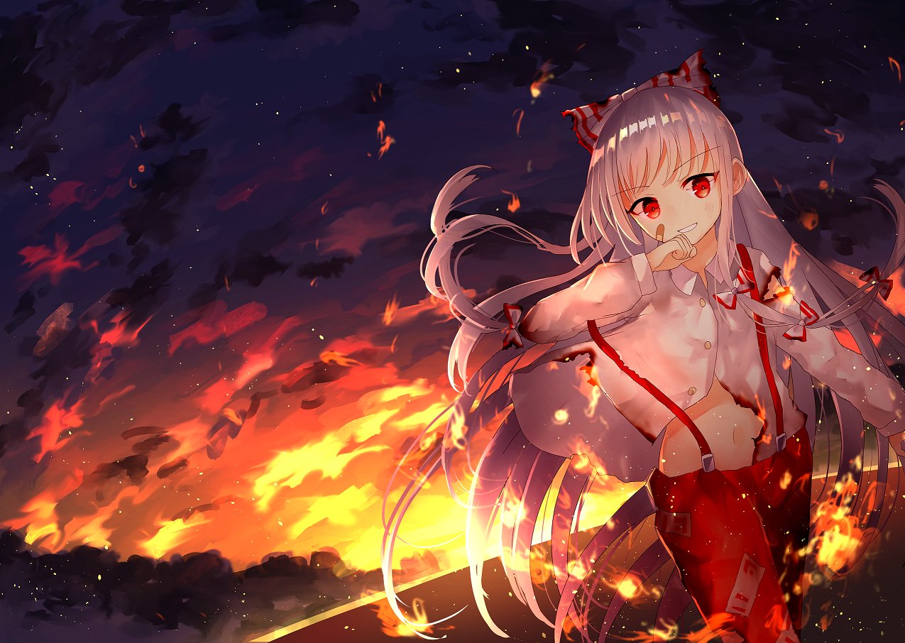 1girl arm_up bandaid bandaid_on_face bangs bow burning_clothes commentary_request cowboy_shot dutch_angle embers eyebrows_visible_through_hair fire fujiwara_no_mokou hair_bow hair_ribbon hand_on_own_chin long_hair long_sleeves looking_at_viewer midriff navel night night_sky ofuda outdoors pants parted_lips red_eyes red_pants ribbon sakipsakip shirt silver_hair sky smile smoke solo star_(sky) starry_sky suspenders touhou tress_ribbon very_long_hair white_shirt