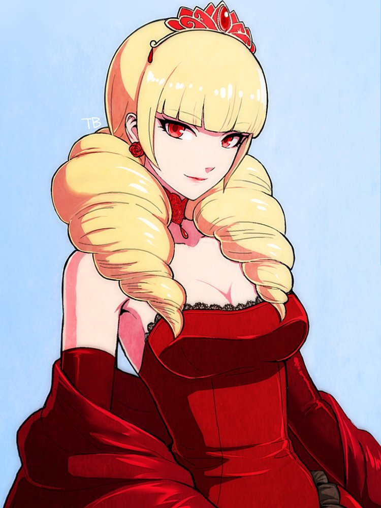 1girl bangs bare_shoulders blonde_hair choker closed_mouth crown dress drill_hair earrings eyebrows_visible_through_hair jewelry long_hair looking_at_viewer mini_crown red_dress red_eyes rose_bernstein smile snk solo tb_(spr1110) the_king_of_fighters twin_drills twintails