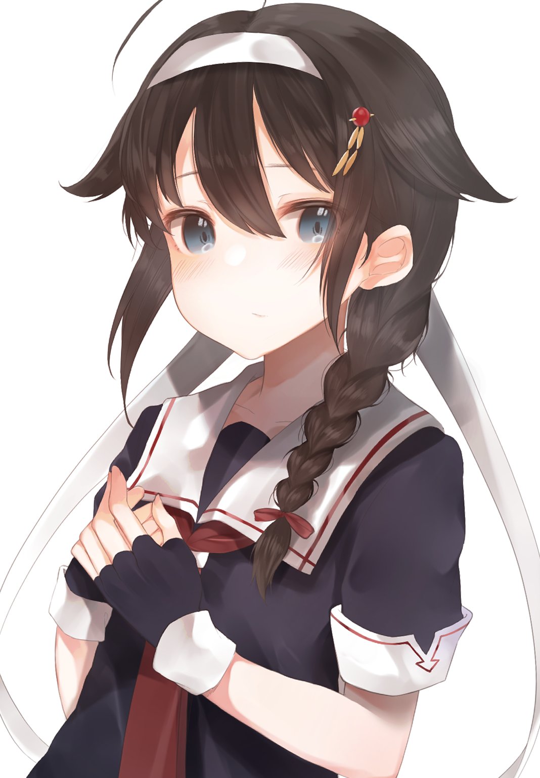 1girl ahoge bangs black_gloves black_serafuku blue_eyes blush braid brown_hair fingerless_gloves gloves hair_between_eyes hair_flaps hair_ornament hands_on_own_chest hands_together headband highres inorin05kanae kantai_collection long_hair red_neckwear sailor_collar school_uniform serafuku shigure_(kantai_collection) shirt short_sleeves simple_background single_braid solo white_background