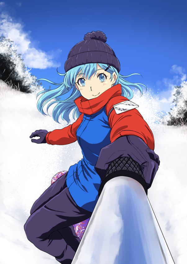 1girl alternate_costume aqua_eyes aqua_hair black_gloves black_pants blue_sky blush clouds commentary_request day gatotsu_stance gloves hair_between_eyes hair_ornament hairclip ishii_hisao kantai_collection long_hair long_sleeves pants sky smile snow solo suzuya_(kantai_collection) tree