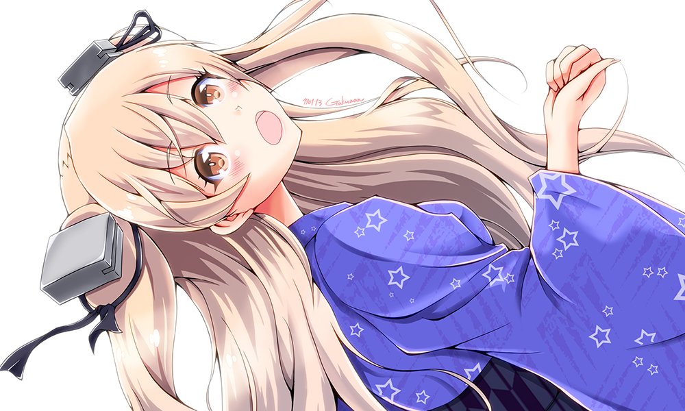1girl alternate_costume artist_name black_ribbon blue_kimono breasts brown_eyes commentary_request cowboy_shot dated hair_ornament hair_ribbon japanese_clothes johnston_(kantai_collection) kantai_collection kimono light_brown_hair long_hair looking_at_viewer medium_breasts print_kimono ribbon sideways simple_background solo star star_print twintails white_background zangaku