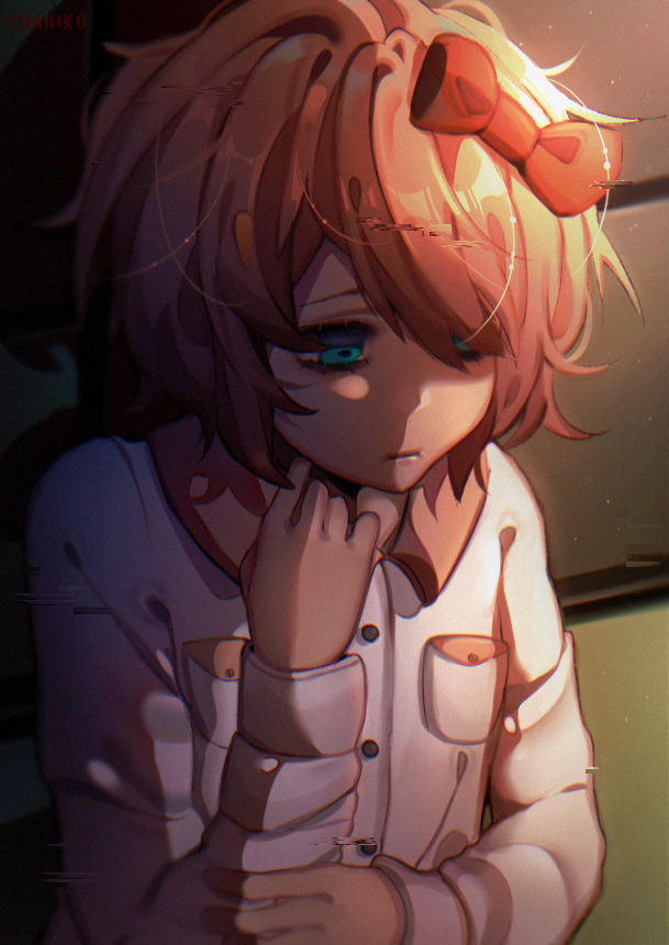 1girl blue_eyes bow chariko doki_doki_literature_club glitch hair_bow hair_over_one_eye long_sleeves pink_hair red_bow sayori_(doki_doki_literature_club) shirt short_hair spoilers white_shirt