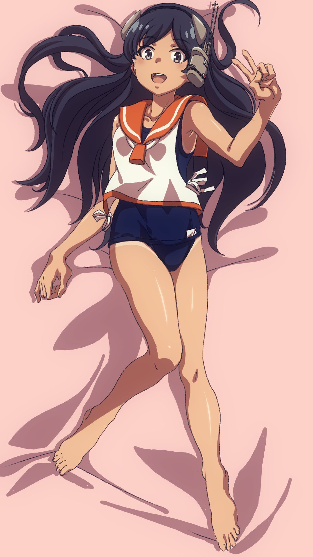 1girl barefoot black_hair blue_swimsuit brown_eyes commentary_request dakimakura full_body headgear highres i-400_(kantai_collection) kantai_collection long_hair looking_at_viewer lying one-piece_tan open_mouth orange_sailor_collar sailor_collar school_swimsuit shirt sleeveless sleeveless_shirt solo swimsuit tan tanline v william_lee