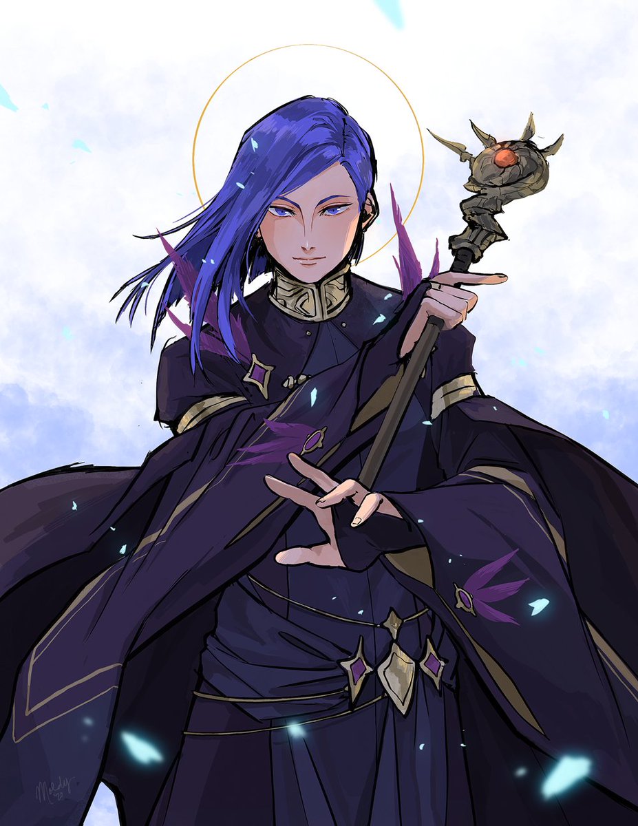 1boy age_progression bridal_gauntlets closed_mouth fire_emblem fire_emblem:_three_houses highres holding holding_staff holding_weapon long_hair looking_at_viewer lorenz_hellman_gloucester moldy_(artist) outdoors purple_hair staff upper_body weapon