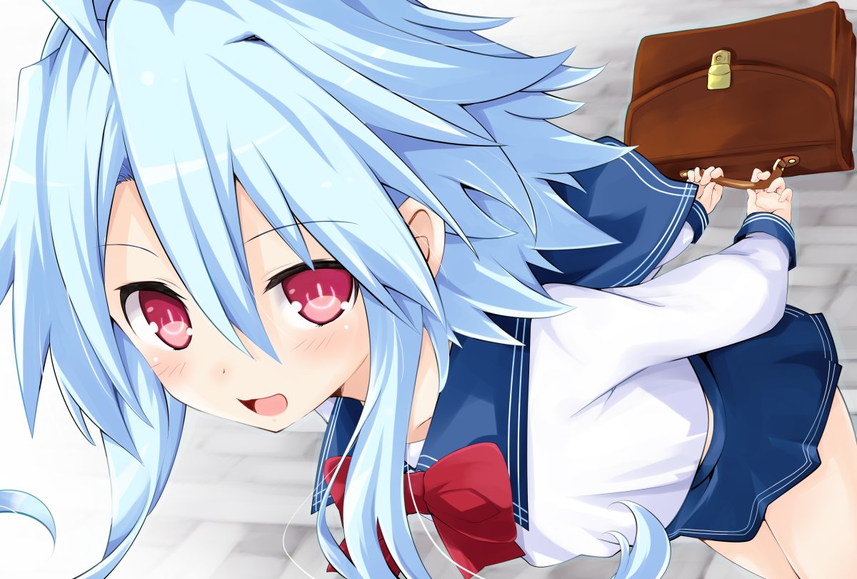 1girl ahoge blue_hair blush from_above iwasi-r looking_at_viewer looking_back neckerchief neptune_(series) open_mouth pleated_skirt power_symbol red_eyes sailor_collar school_uniform serafuku short_hair skirt smile solo symbol-shaped_pupils white_heart