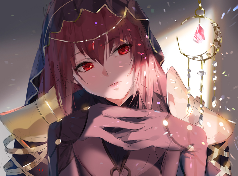 1girl bangs bodysuit breasts circlet commentary eyebrows_visible_through_hair fate/grand_order fate_(series) forehead_jewel gem hair_between_eyes hands_together light_particles lighting long_hair looking_at_viewer parted_lips pauldrons purple_bodysuit purple_hair red_eyes scathach_(fate)_(all) scathach_(fate/grand_order) solo veil yang-do