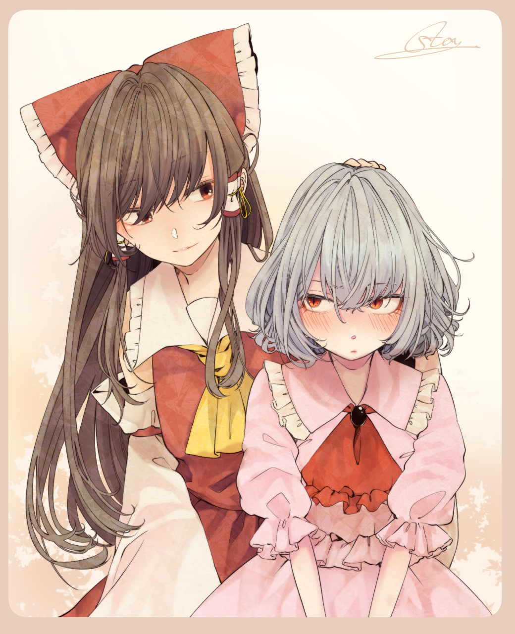 2girls artist_name ascot bangs beige_background black_hair blue_eyes border bow brown_border commentary_request cowboy_shot detached_sleeves dress eyebrows_visible_through_hair frilled_shirt_collar frills gradient gradient_background hair_between_eyes hair_bow hair_tubes hakurei_reimu hand_on_another's_head highres long_hair long_sleeves looking_at_another multiple_girls no_hat no_headwear pink_dress puffy_short_sleeves puffy_sleeves red_bow red_eyes red_neckwear red_skirt remilia_scarlet short_hair short_sleeves sidelocks signature skirt skirt_set slit_pupils smile souta_(karasu_no_ouchi) touhou v_arms very_long_hair white_background wide_sleeves yellow_neckwear