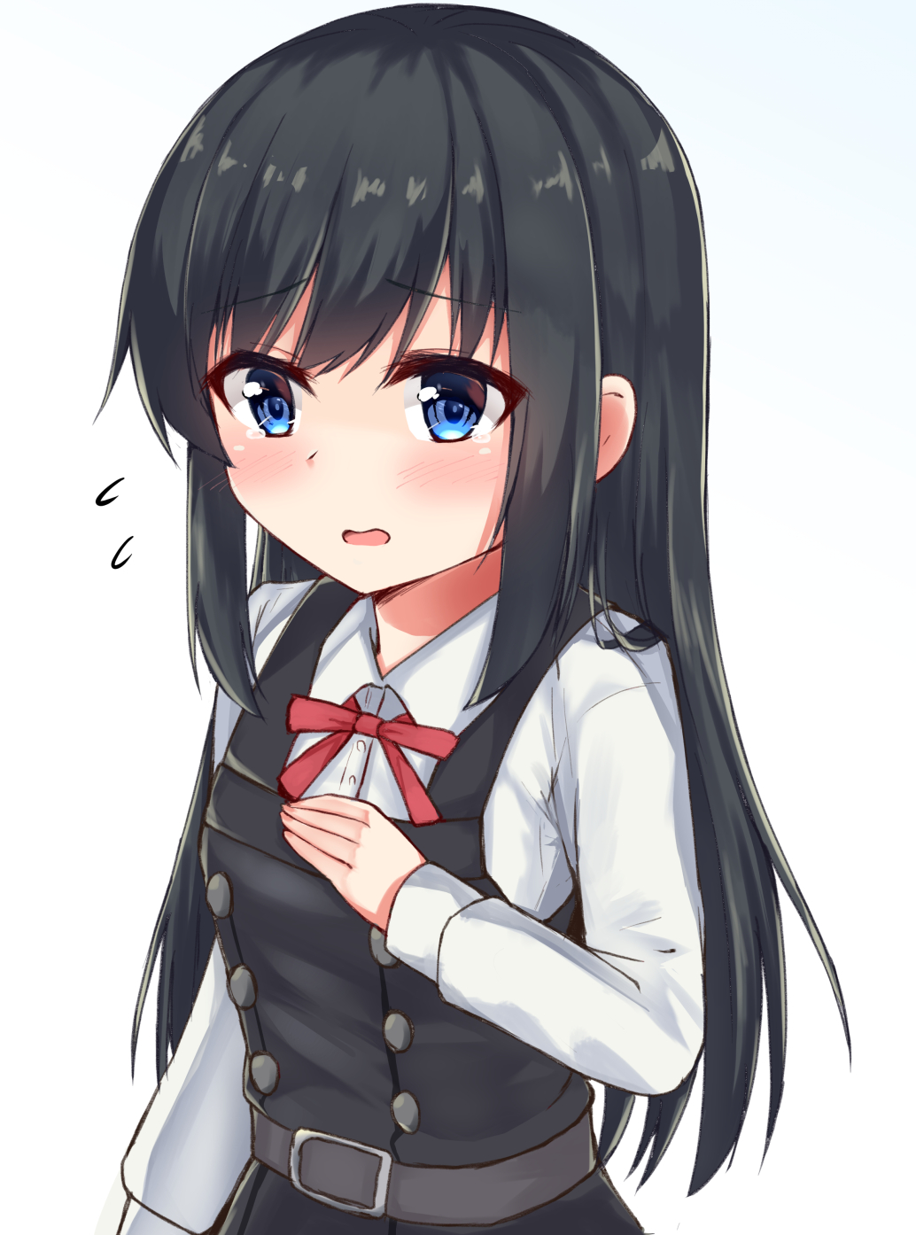 1girl asashio_(kantai_collection) belt black_dress black_hair blue_eyes blush buttons collared_shirt cowboy_shot dress eyebrows_visible_through_hair flat_chest flying_sweatdrops hair_between_eyes hand_on_own_chest highres kantai_collection long_hair long_sleeves neck_ribbon open_mouth pinafore_dress red_ribbon remodel_(kantai_collection) ribbon rokosu_(isibasi403) school_uniform shirt simple_background solo sweatdrop upper_body white_background white_shirt