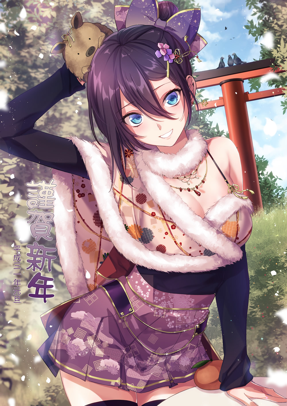 1girl animal animal_on_head arm_support bird black_hair black_shirt blue_eyes boar bow breasts cleavage contrapposto day grin hair_between_eyes hair_bow hair_ornament hairclip highres large_breasts long_sleeves looking_at_viewer miniskirt nengajou new_year on_head original outdoors pleated_skirt purple_bow purple_skirt shiny shiny_hair shirt short_hair skirt smile solo torii tsuru_ringo
