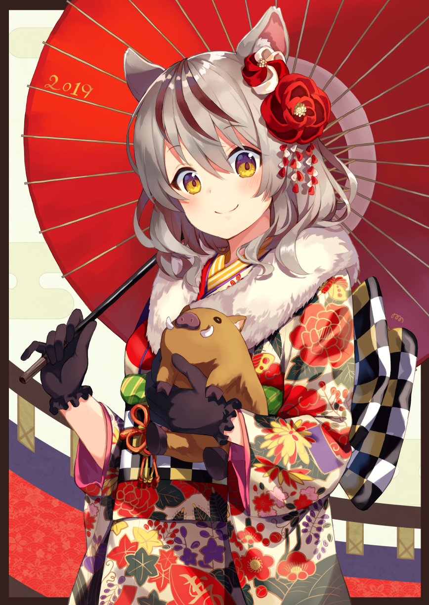 1girl 2019 animal animal_ears bangs black_gloves blush boar brown_hair checkered chinese_zodiac closed_mouth commentary_request cowboy_shot eyebrows_visible_through_hair floral_print flower frilled_gloves frills fur_collar furisode gloves hair_between_eyes hair_flower hair_ornament head_tilt highres holding holding_umbrella japanese_clothes kanzashi kimono long_hair long_sleeves looking_at_viewer multicolored_hair new_year nonono obi oriental_umbrella original print_kimono red_flower sanpaku sash sidelocks silver_hair smile solo standing streaked_hair umbrella white_kimono wide_sleeves year_of_the_pig yellow_eyes