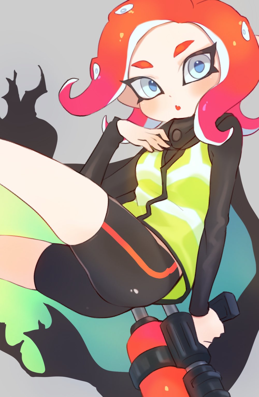 1girl :o agent_8 ass bike_shorts black_cape breasts cape fang green_vest grey_background grey_eyes hand_up highres holding jtveemo long_hair long_sleeves looking_at_viewer octarian octoling octoshot_(splatoon) open_mouth redhead small_breasts solo splatoon splatoon_(series) splatoon_2 splatoon_2:_octo_expansion squidbeak_splatoon suction_cups tentacle_hair torn_cape torn_clothes vest