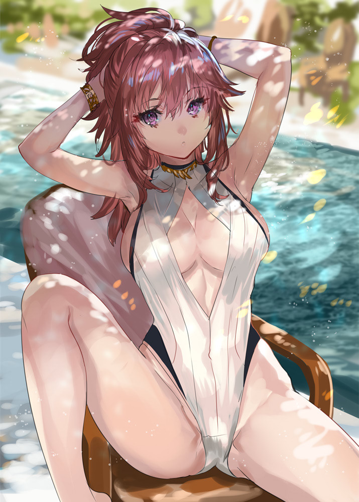 1girl armpits arms_up blurry blurry_background bracelet breasts casual_one-piece_swimsuit cleavage cleavage_cutout covered_navel depth_of_field jewelry large_breasts leg_lift long_hair one-piece_swimsuit original outdoors pink_hair ponytail poolside ran'ou_(tamago_no_kimi) sidelocks sitting solo swimsuit tying_hair violet_eyes