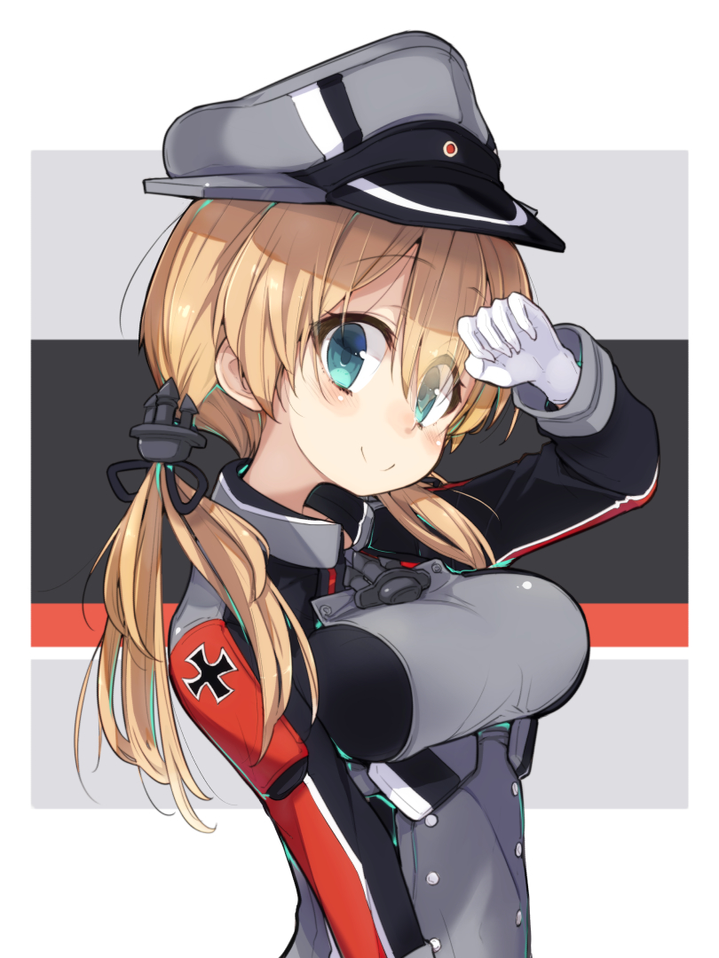 1girl anchor_hair_ornament aqua_eyes arm_up bangs black_ribbon blonde_hair blush breasts closed_mouth eyebrows_visible_through_hair eyelashes gloves hair_between_eyes hair_ornament hat kantai_collection long_sleeves looking_at_viewer low_twintails military military_uniform peaked_cap prinz_eugen_(kantai_collection) ribbon sala_mander smile solo twintails uniform upper_body white_background white_gloves