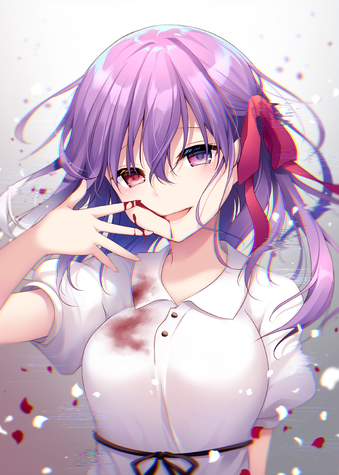 1girl :d bangs blood_on_fingers bow breasts collared_dress commentary_request dress fate/stay_night fate_(series) glitch hair_between_eyes hair_bow head_tilt heaven's_feel heterochromia long_hair matou_sakura medium_breasts open_mouth puffy_short_sleeves puffy_sleeves purple_hair red_bow red_eyes shikitani_asuka short_sleeves smile solo violet_eyes white_dress