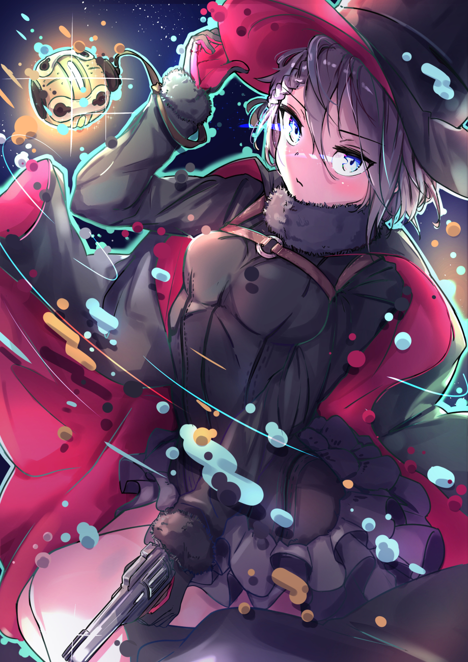 1girl adjusting_headwear ange_(princess_principal) aura black_gloves black_hair black_shirt blue_eyes braid breasts cape cavorite_ball dark_background gloves grey_hair gun highres holding holding_gun holding_weapon kuwa_aak long_sleeves looking_at_viewer medium_breasts princess_principal shirt solo weapon