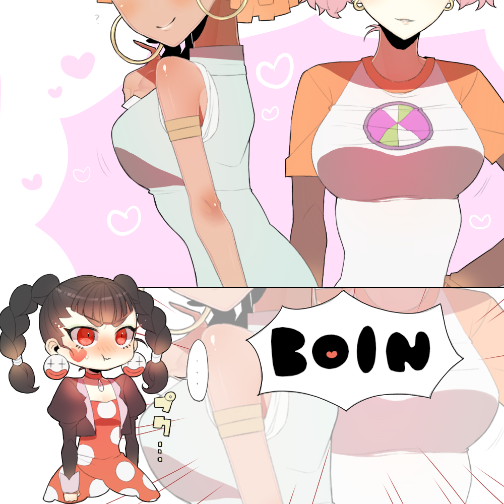 2koma 3girls anetta bangs bare_arms black_hair blunt_bangs blush braid breast_envy breasts chirol_(rockman_exe) comic cropped_jacket dark_skin dress earrings eyeshadow female hand_on_hip heart hoop_earrings iroaya_madoi jacket jewelry juliet_sleeves long_hair long_sleeves makeup medium_breasts multiple_girls onomatopoeia orange_hair pink_hair pout puffy_sleeves red_eyes rockman rockman_exe shirt small_breasts smile speech_bubble twintails uru-arrow